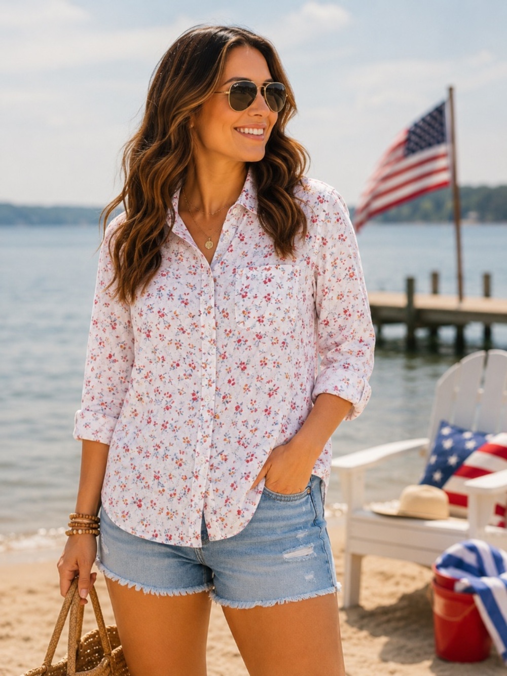 BeachLunchLounge White Floral Button Front Blouse Size Small - Picture 7 of 7